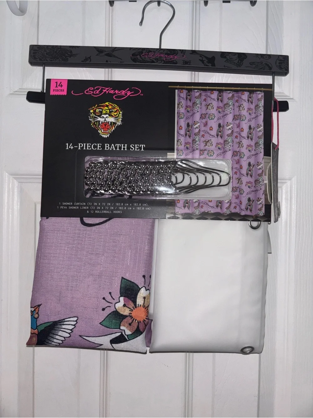 Ed Hardy Lavender Tattoo-Print Bath Set with White Liner